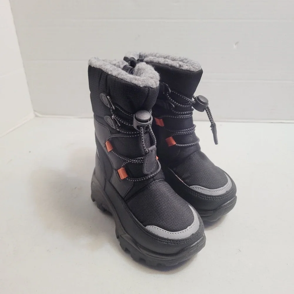 Black Winter Snow Boots Kids Size 8C Faux Fur Lined Bungee Zip Reflective Trim